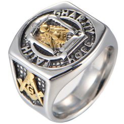 **COI Titanium Black Gold Tone Silver/Black Gold Tone Masonic Freemason Ring-9119BB