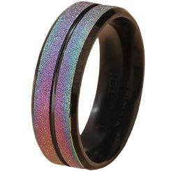 **COI Black Titanium Rainbow Color Center Groove Sandblasted Beveled Edges Ring-9126BB