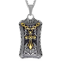 **COI Titanium Black Gold Tone Silver Cross Dog Tag Pendant-9133BB