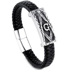 **COI Titanium Black/Gold Tone/Silver Masonic Freemason Genuine Leather Bracelet With Steel Clasp(Length: 8.27 inches)-9136BB