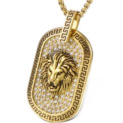 **COI Titanium Black Silver/Gold Tone Lion Head Greek Key Pattern Pendant With Cubic Zirconia-9154BB