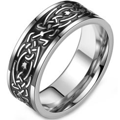 **COI Titanium Black Silver Celtic Pipe Cut Flat Ring-9178BB