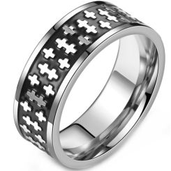 **COI Titanium Black Silver Cross Pipe Cut Flat Ring-9180BB