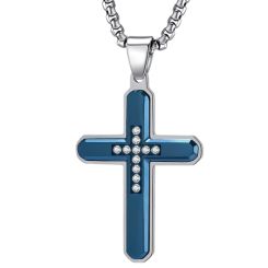 **COI Titanium Blue Silver Cross Pendant With Cubic Zirconia-9182BB