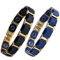 **COI Gold Tone Titanium Black/Blue Ceramic Bracelet With Steel Clasp(Length: 8.27 inches)-9195BB