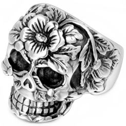 **COI Titanium Black Silver Skull & Flower Ring-9202BB