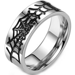 **COI Titanium Black Silver Spider Web Pipe Cut Flat Ring-9216BB
