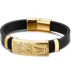 **COI Gold Tone Titanium Masonic Freemason Genuine Leather Bracelet With Steel Clasp(Length: 8.27 inches)-9225BB