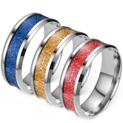 **COI Titanium Beveled Edges Ring With Blue/Red/Gold Tone Meteorite-9247BB