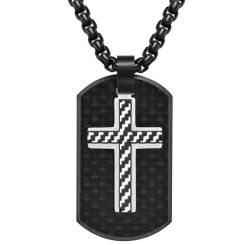 **COI Titanium Black Silver Cross Tag Pendant With Carbon Fiber-9250BB
