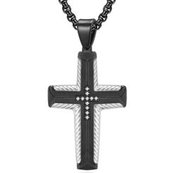 **COI Titanium Black/Gold Tone Silver Cross Pendant With Cubic Zirconia-9251BB