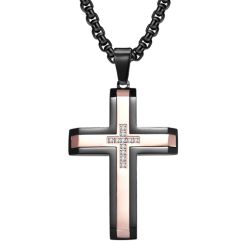 **COI Titanium Black Rose/Silver Cross Pendant With Cubic Zirconia-9275BB