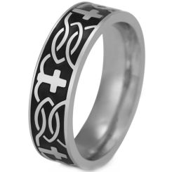 **COI Titanium Black Gold Tone/Silver Cross Celtic Pipe Cut Flat Ring-9288BB