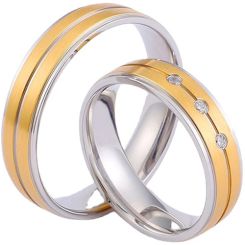 **COI Titanium Gold Tone Silver Center Groove Step Edges Couple Wedding Ring-9419BB