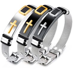 **COI Titanium Black Gold Tone Silver Cross Bracelet With Steel Clasp(Length: 8.26 inches)-9438BB