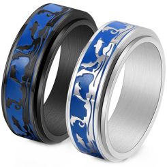 **COI Titanium Black/Silver Blue Dolphin Step Edges Ring-9444BB