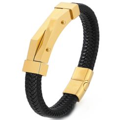 **COI Titanium Gold Tone/Silver Genuine Leather Bracelet With Steel Clasp(Length: 8.27 inches)-9474BB