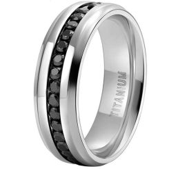 **COI Titanium Beveled Edges Ring With Black Cubic Zirconia-9489BB