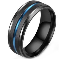 **COI Titanium Black Blue Center Groove Beveled Edges Ring-9529BB