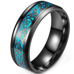 **COI Black Titanium Dragon Beveled Edges Ring With Blue Carbon Fiber-9530BB