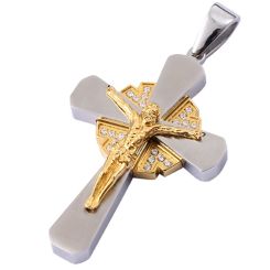 **COI Titanium Gold Tone Silver Jesus Cross Pendant With Cubic Zirconia-9752BB