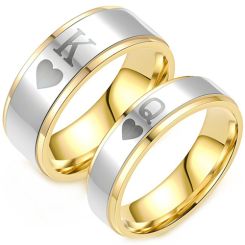 **COI Titanium Gold Tone Silver King Queen Crown & Heart Step Edges Ring-9900BB