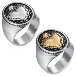 **COI Titanium Black Gold Tone Silver/Black Silver Heart Ring-9903BB