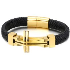 **COI Titanium Black/Gold Tone Cross Black Genuine Leather Bracelet With Steel Clasp(Length: 8.46 inches)-9915BB