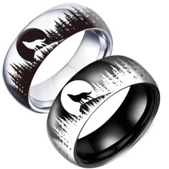**COI Titanium Black/Silver Wolf Forest Tree Moon Dome Court Ring-9945BB