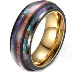 **COI Titanium Black Gold Tone Ring With Abalone Shell & Wood-9946BB