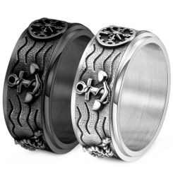 **COI Titanium Black/Silver Anchor & Wave Step Edges Ring-9949BB