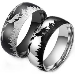 **COI Titanium Black/Silver Wolf Trees Forest & Mountain Ring-9966BB