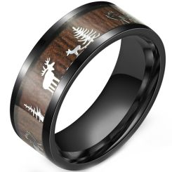 **COI Black Titanium Deer & Tree Ring With Wood-9967BB