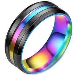 *COI Titanium Black Rainbow Color Center Groove Ring-1414