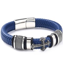 ***COI Titanium Black Silver Cross Genuine Leather Bracelet With Steel Clasp(Length: 8.27 inches)-00001BB