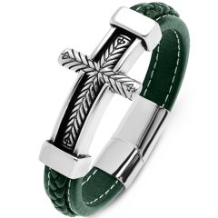 ***COI Titanium Black Silver Cross Genuine Leather Bracelet With Steel Clasp(Length: 7.87 inches)-00007BB