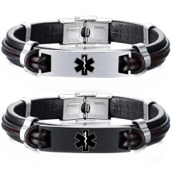 ***COI Titanium Black Silver Medical Alert Genuine Leather Bracelet With Steel Clasp(Length: 8.46 inches)-00028BB