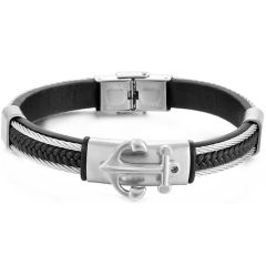 ***COI Titanium Black/Gold Tone/Silver Anchor & Wire Genuine Leather Bracelet With Steel Clasp(Length: 8.27 inches)-00046BB