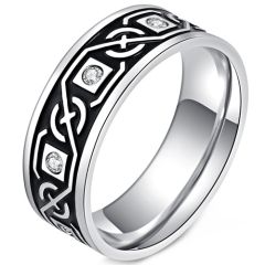 ***COI Titanium Black Silver/Black Celtic Ring With Cubic Zirconia-00064BB