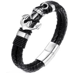 ***COI Titanium Black Silver Anchor Genuine Leather Bracelet With Steel Clasp(Length: 8.07 inches)-00072BB