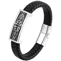 ***COI Titanium Black Silver Cross Celtic Genuine Leather Bracelet With Steel Clasp(Length: 8.27 inches)-00147BB