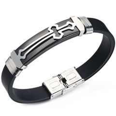 ***COI Titanium Black/Blue Silver Cross Rubber Bracelet With Steel Clasp(Length: 8.07 inches)-00148BB