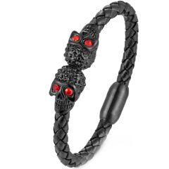 ***COI Titanium Black/Silver Skull & Created Red Ruby Genuine Leather Bracelet With Steel Clasp(Length: 9.06 inches)-00161BB
