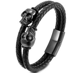 ***COI Titanium Black/Gold Tone Skull Genuine Leather Bracelet With Steel Clasp(Length: 8.46 inches)-00163BB
