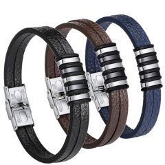 ***COI Titanium Black Silver Genuine Leather Bracelet With Steel Clasp(Length: 8.27 inches)-00181BB