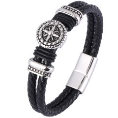 ***COI Titanium Black Silver Compass Genuine Leather Bracelet With Steel Clasp(Length: 8.07 inches)-00186BB
