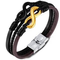 ***COI Titanium Black Gold Tone Infinity Genuine Leather Bracelet With Steel Clasp(Length: 7.87 inches)-00202BB
