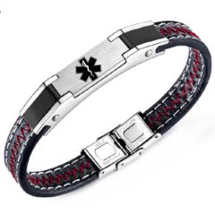 ***COI Titanium Black Silver Medical Alert Genuine Leather Bracelet With Steel Clasp(Length: 8.66 inches)-00209BB