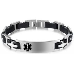 ***COI Titanium Black Silver Cross Medical Alert Bracelet With Steel Clasp(Length: 9.05 inches)-00233BB