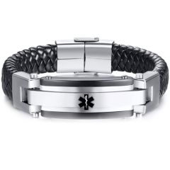 ***COI Titanium Black Silver Medical Alert Genuine Leather Bracelet With Steel Clasp(Length: 8.66 inches)-00235BB